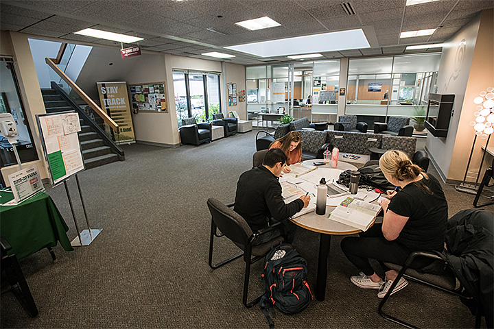 students working corner of library